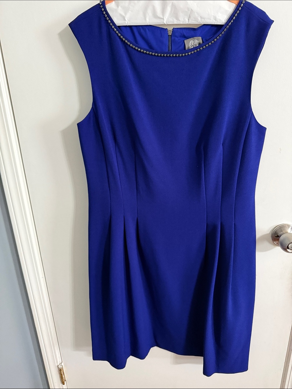 Vince Camuto Royal Blue Beaded-Neck Midi Sheath Dress